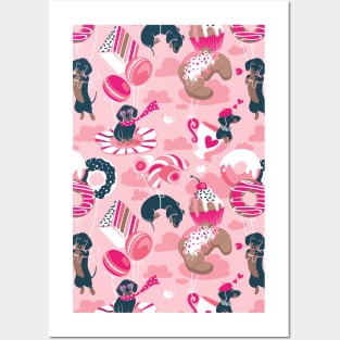 Pastel café sweet love dream // pattern // grey background fuchsia pink pastry details blue dachshund dog puppies Posters and Art